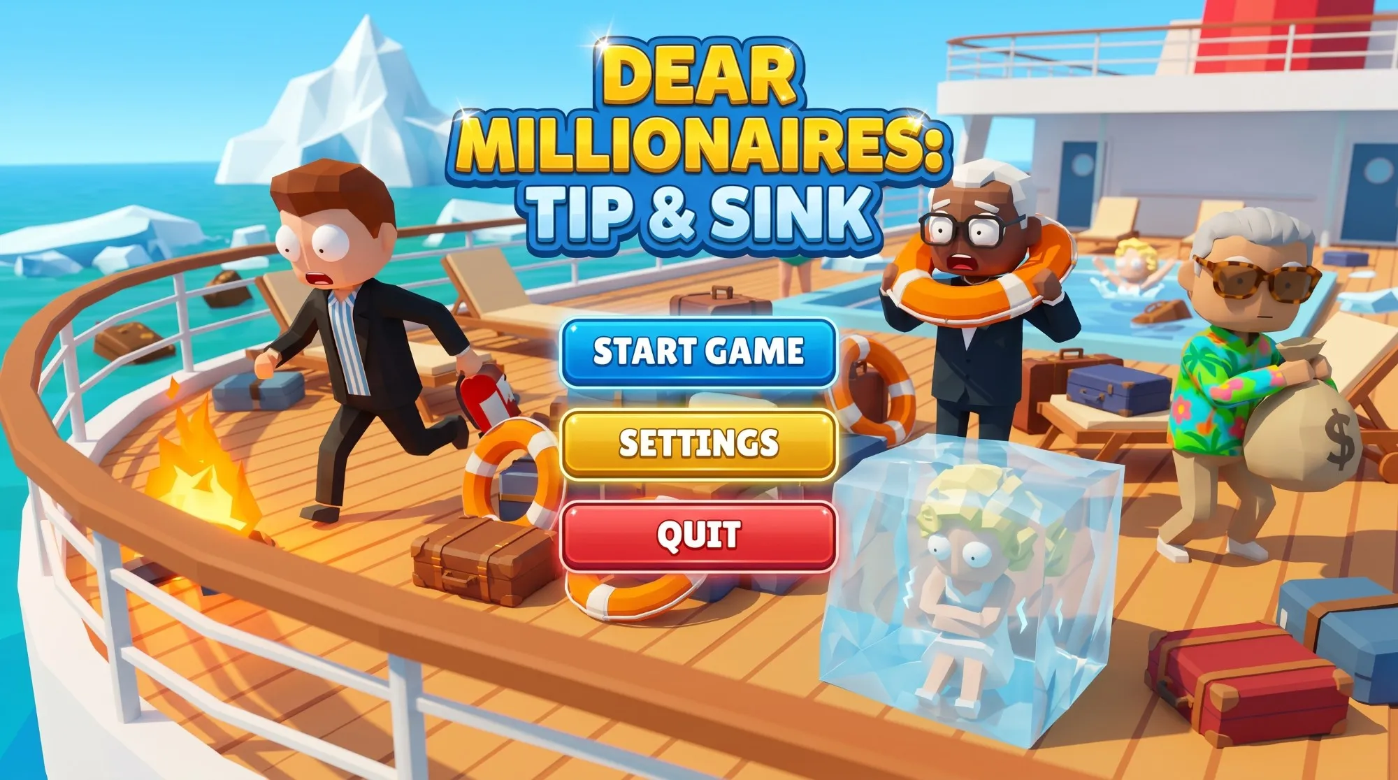 Title menu of Dear Millionaires: Tip & Sink — Start Game, Settings and Quit over the chaos on the liner's sun deck.