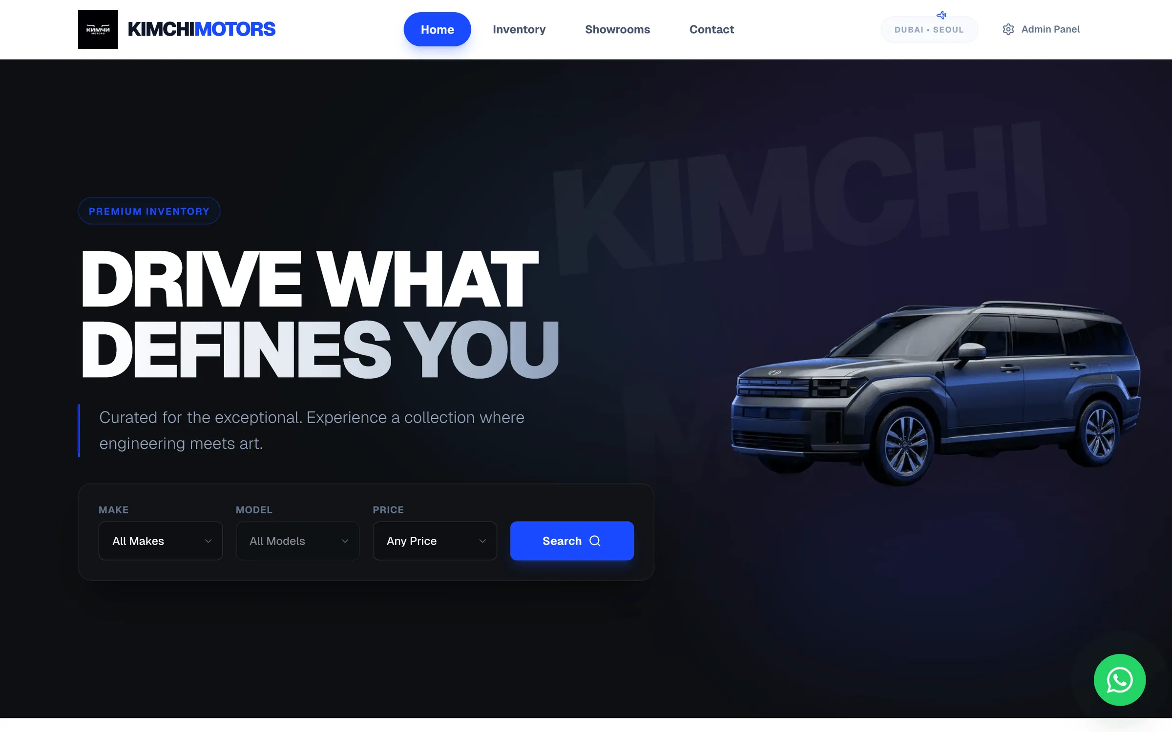 Dark showroom hero “Drive what defines you” with a make, model and price search bar and a Hyundai SUV.