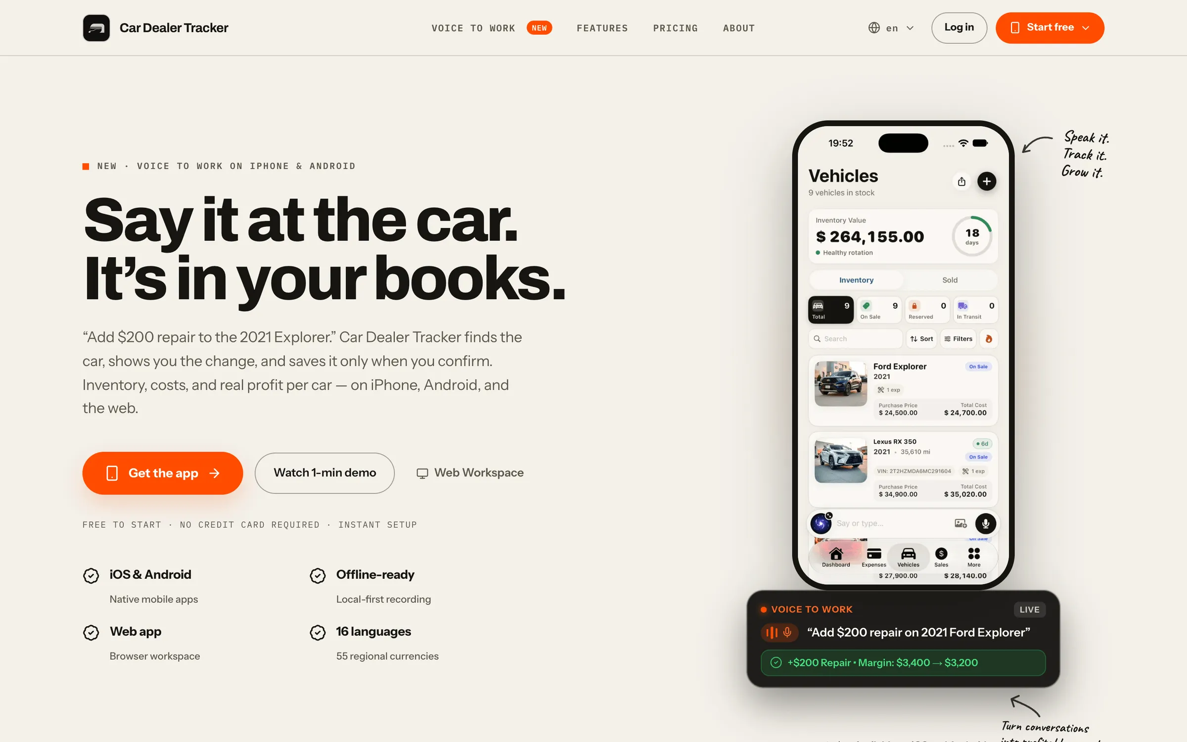 Landing hero “Say it at the car. It’s in your books.” beside an iPhone vehicles screen and a Voice to Work card logging a repair.