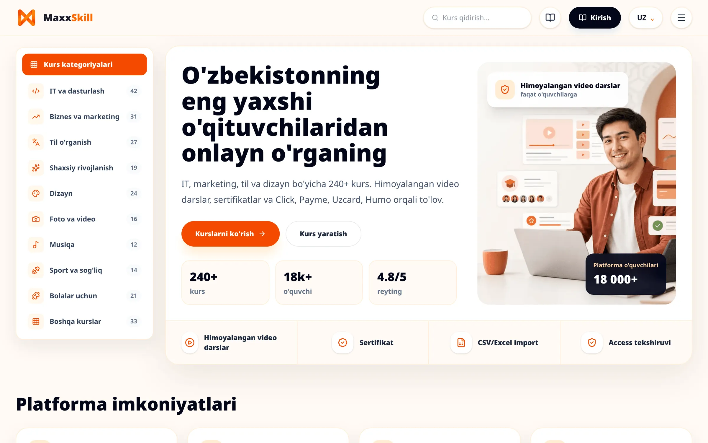 Course-marketplace home with a category sidebar, the headline “learn online from Uzbekistan’s best teachers” and a feature strip.