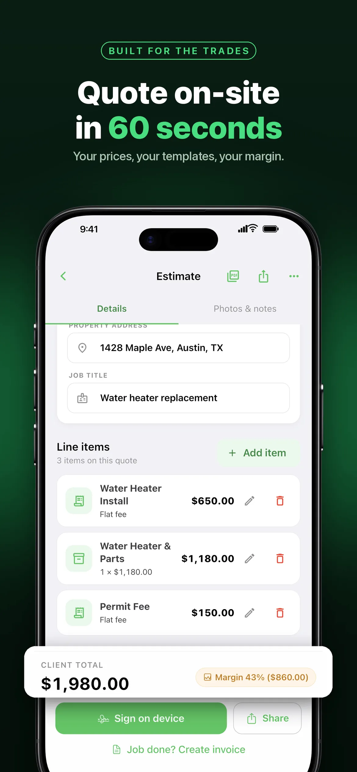 Estimate builder for a water-heater job with line items, a client total and a margin badge.