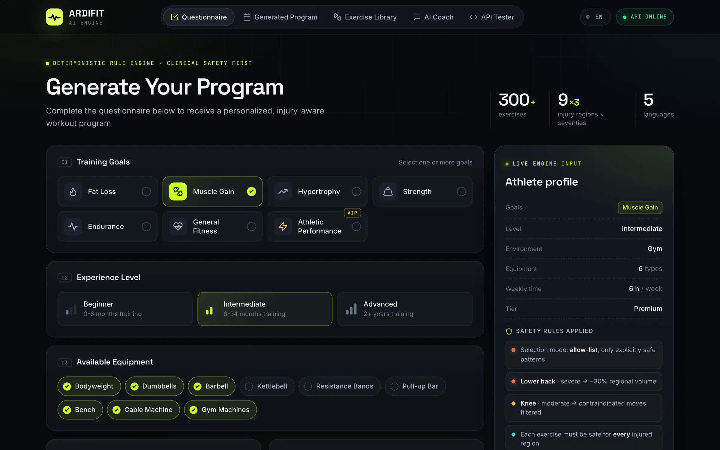 Questionnaire with goal, experience and equipment selection beside a live athlete-profile panel that previews the engine input.