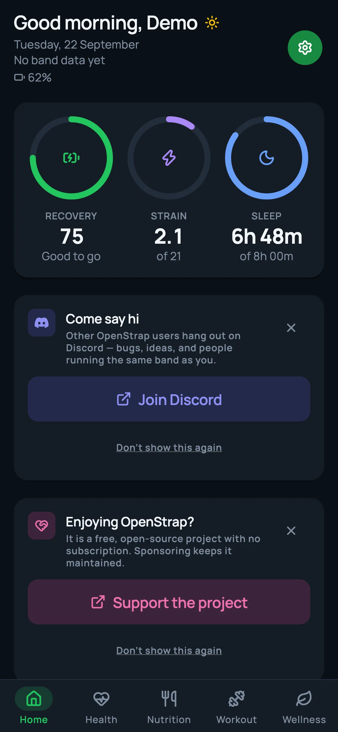 Before: the upstream OpenStrap Edge Home — a greeting header, rings holding only icons with values below, and Discord and sponsorship prompts — rendered with the same demo data.