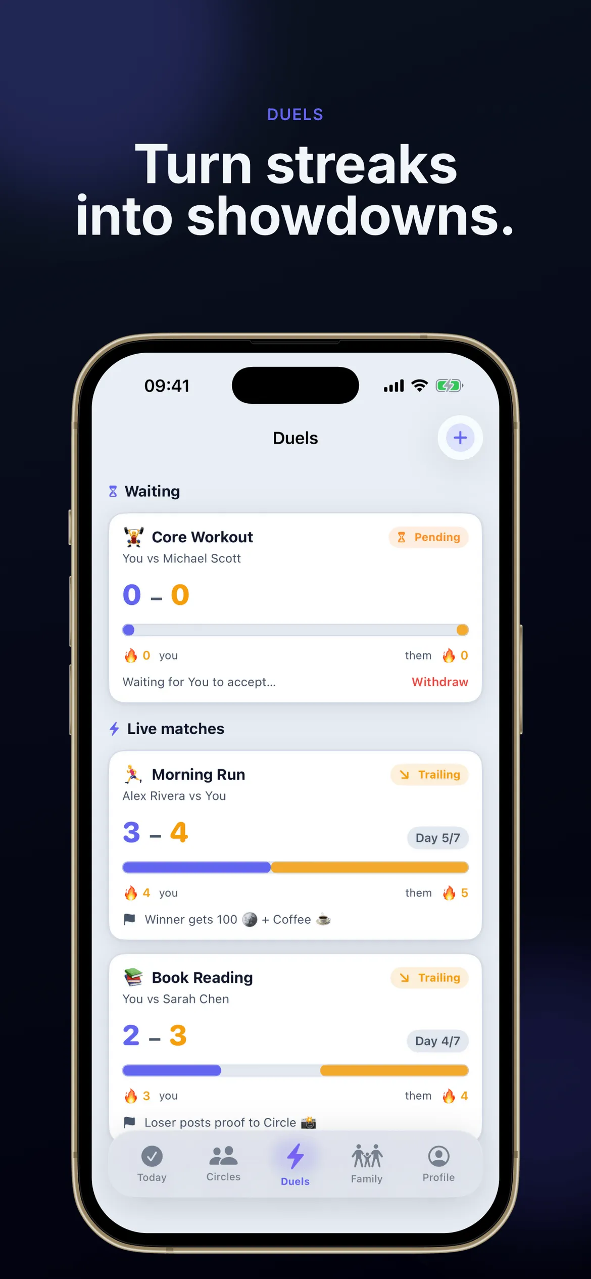 Duels screen listing pending and live one-on-one habit duels with scores, day counts and stakes.