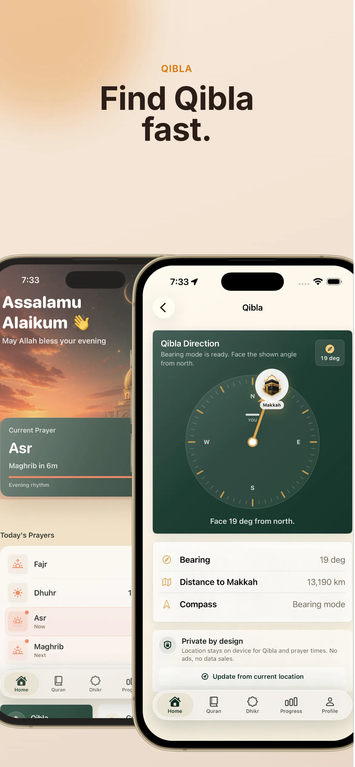 Qibla compass with bearing, distance to Makkah and a note that location stays on the device.