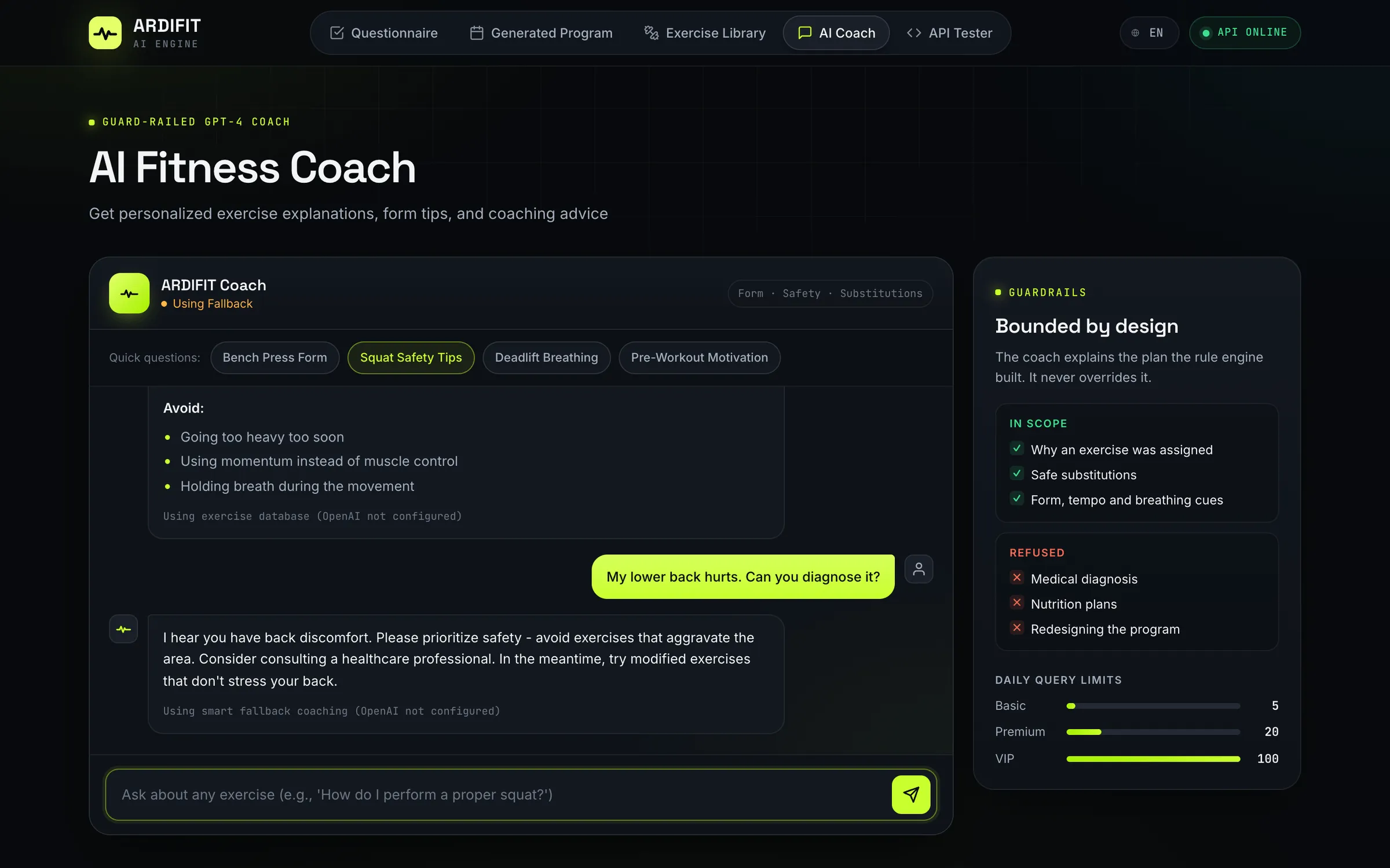 AI coach in fallback mode answering a request to diagnose back pain with a safety-first reply instead of a diagnosis, beside a guardrails panel of allowed topics, refused topics and daily limits per tier.