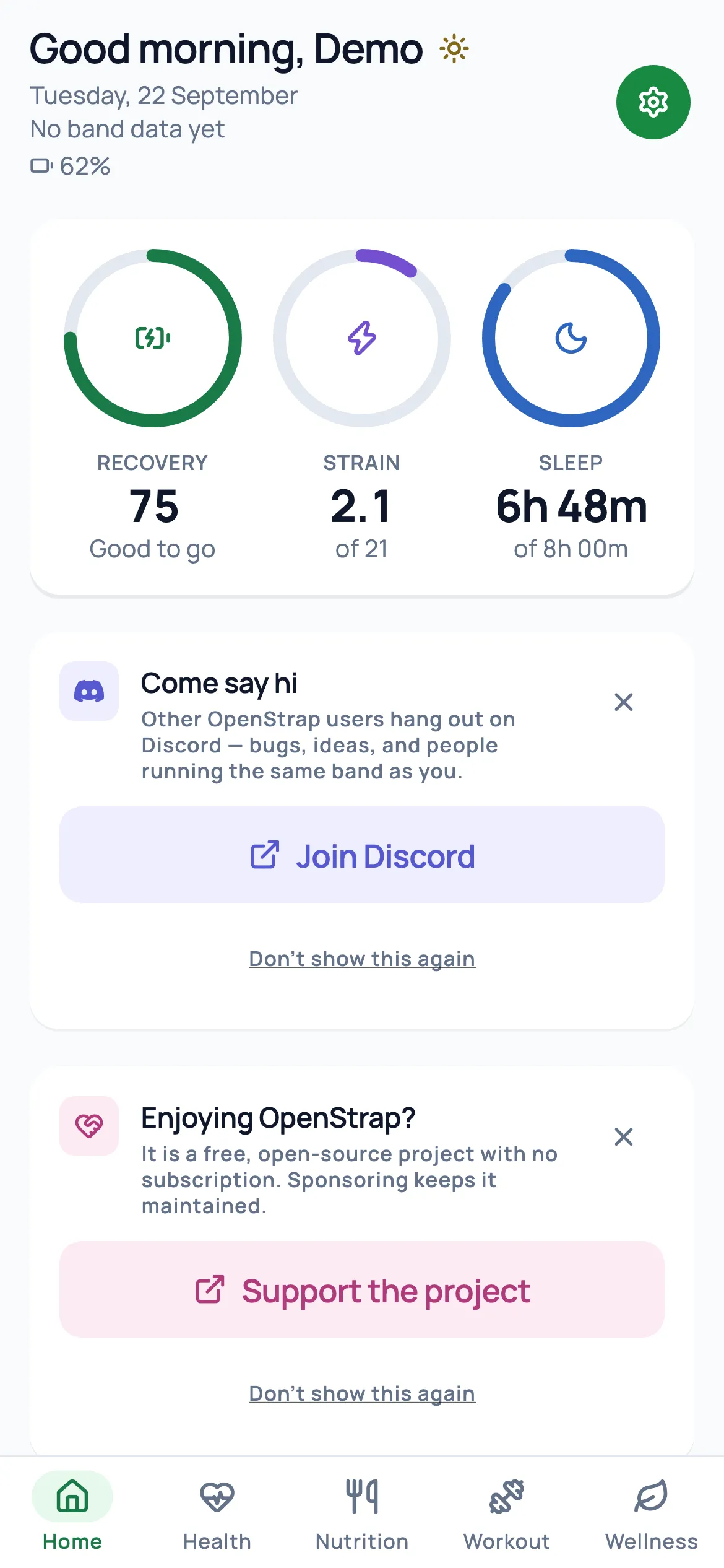 Before, light theme: the upstream OpenStrap Edge Home with its greeting, gear button, rings with numbers below, and community and sponsorship cards (same demo data).