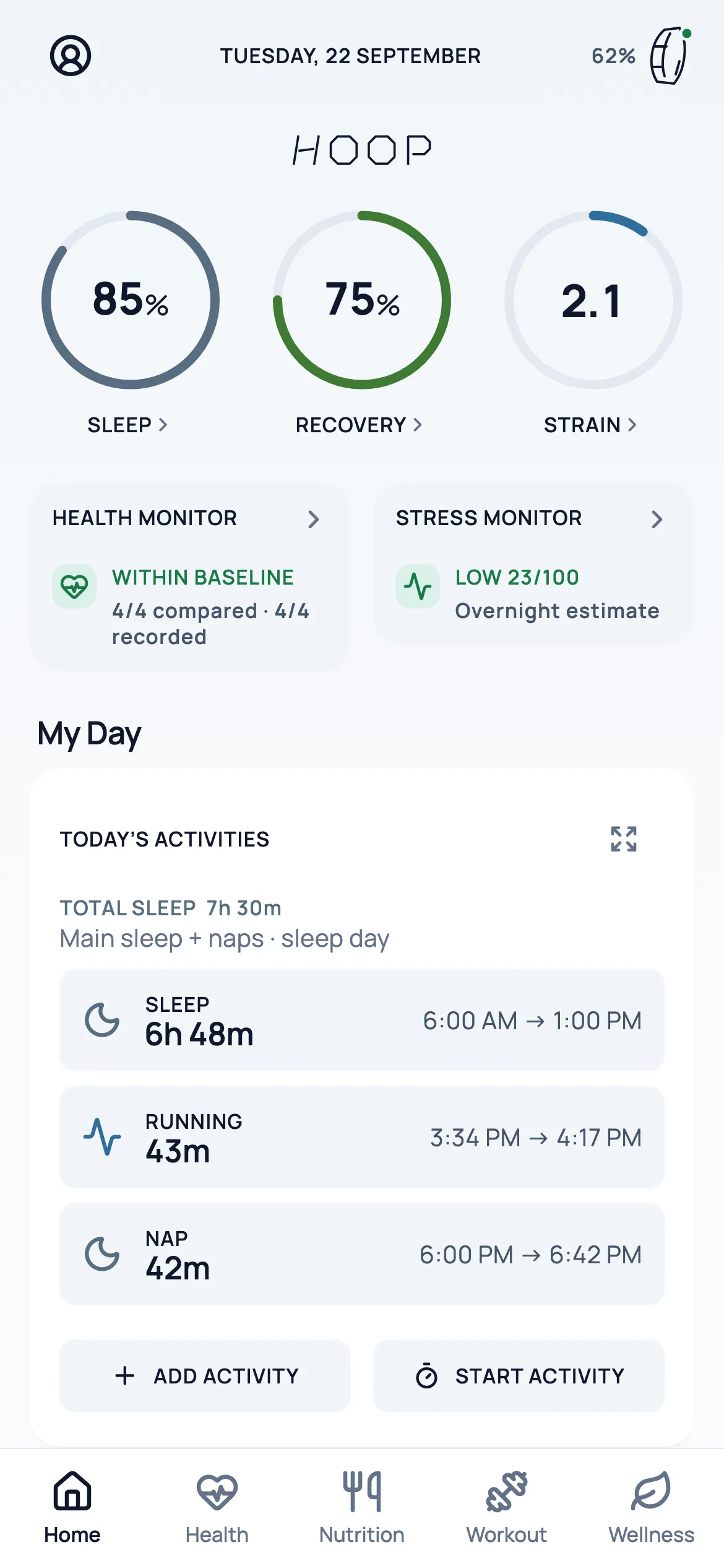 After, light theme: HOOP’s redesigned Home with score rings, Health and Stress monitor cards and My Day activity rows (same demo data).