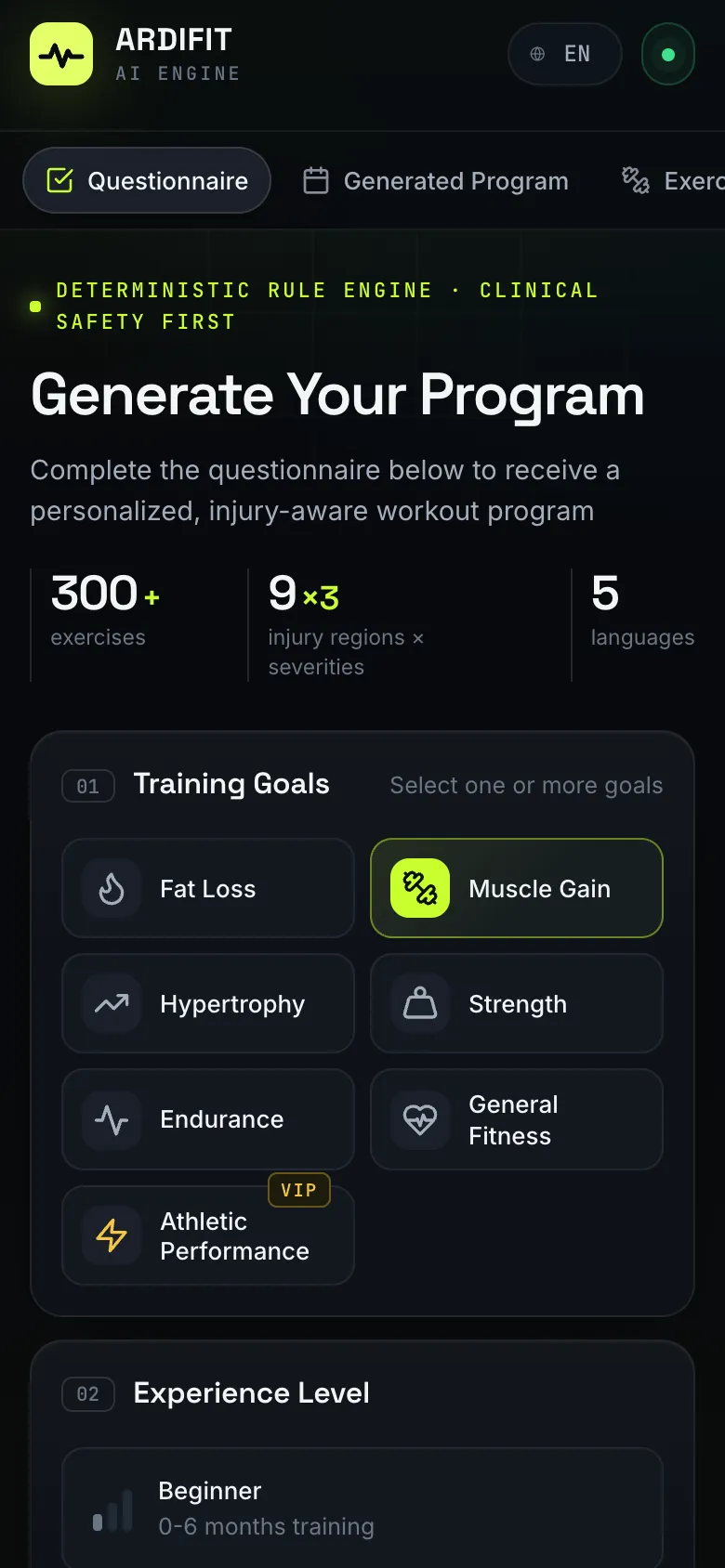 Mobile questionnaire with the engine’s summary stats and a two-column grid of training goals.