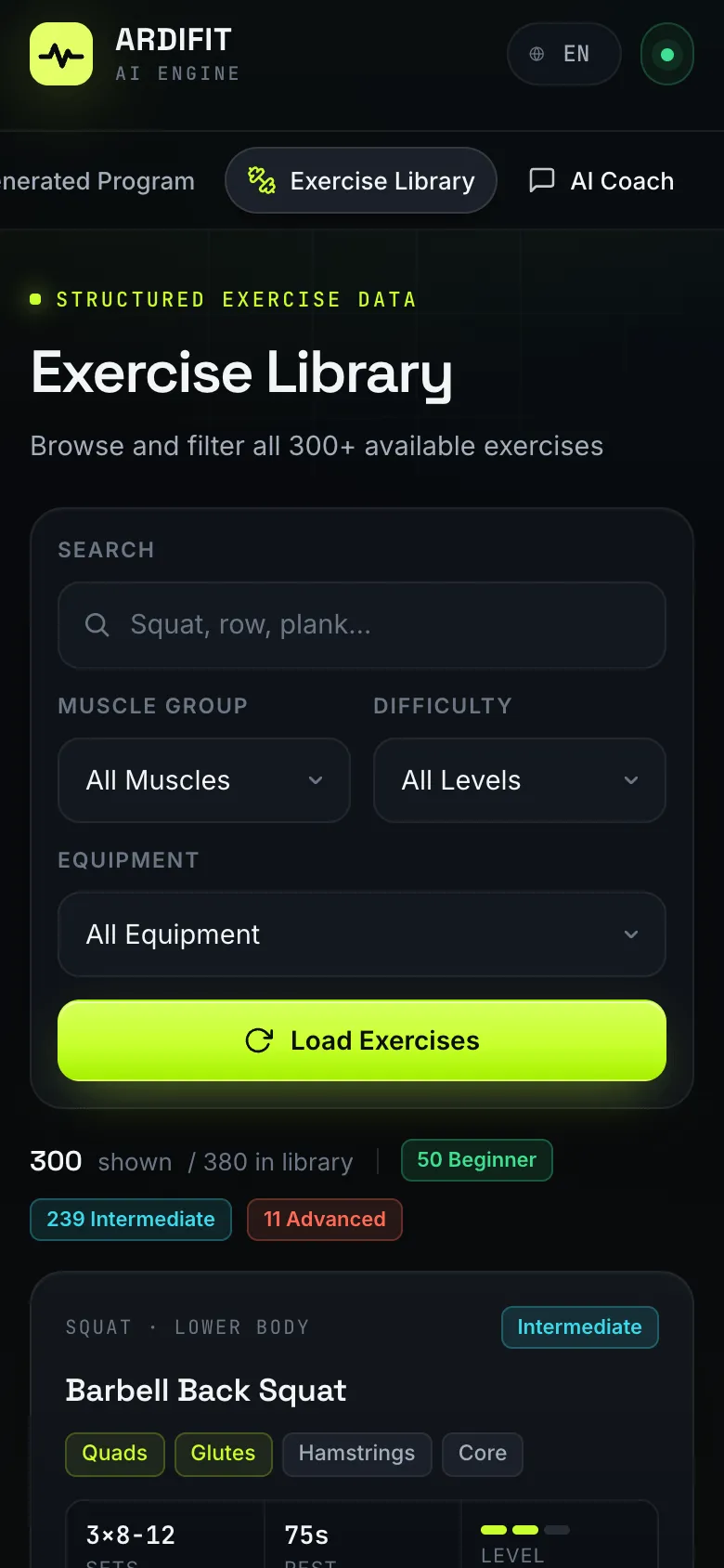 Mobile exercise library with search, filters and difficulty counts above the exercise cards.