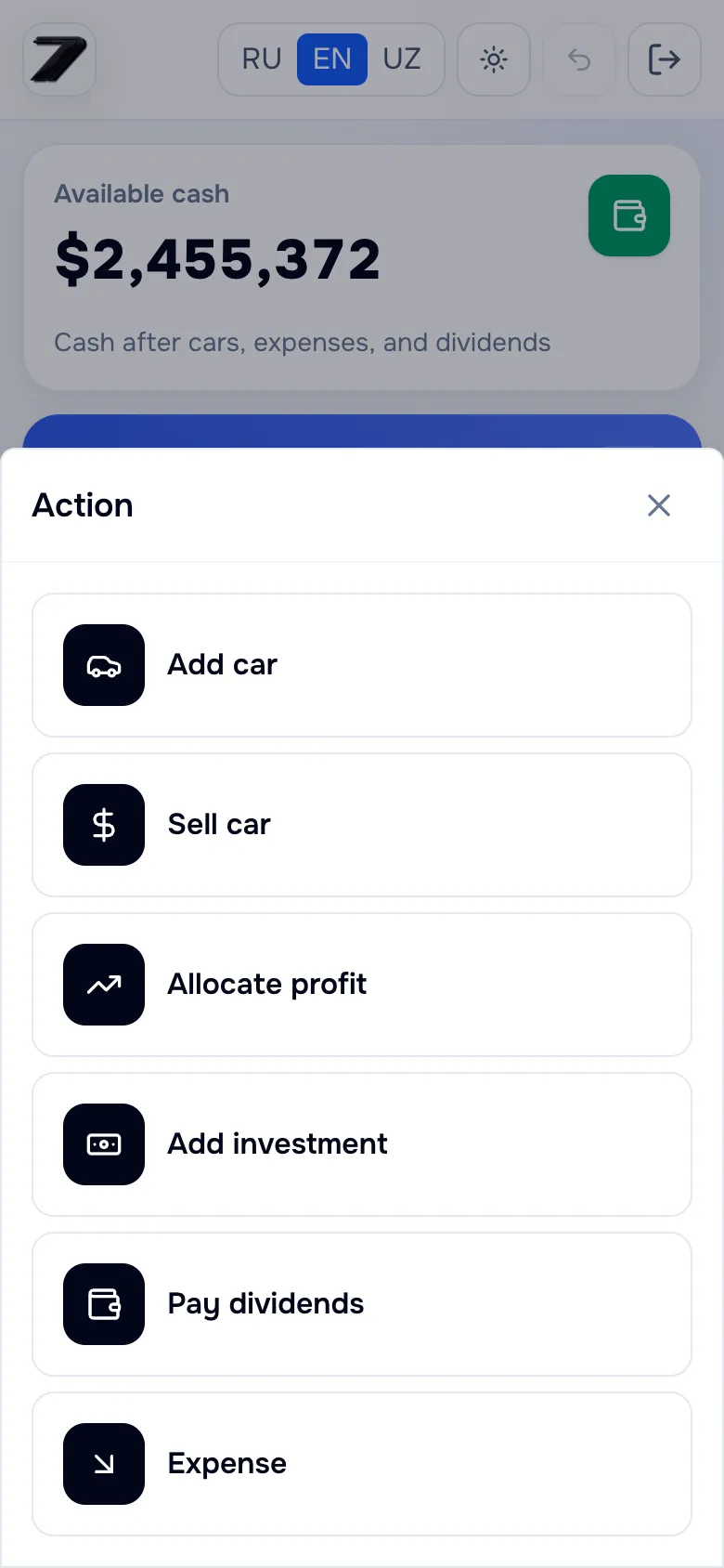 The “+” action sheet on the phone: add or sell a car, allocate profit, add an investment, pay dividends or record an expense.
