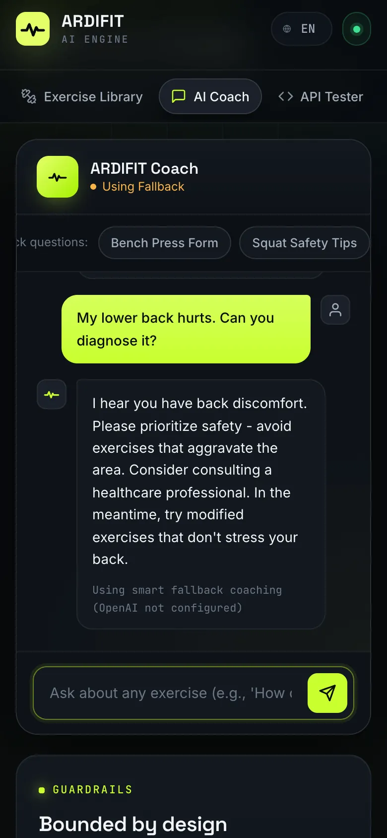Mobile coach chat: a request for a diagnosis gets a safety-first reply recommending a healthcare professional.